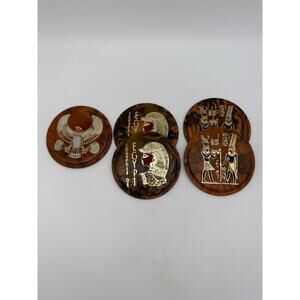 Vtg Egyptian Camel Leather Brown w/ Gold Detail Set of 5 Coasters Drinkware
